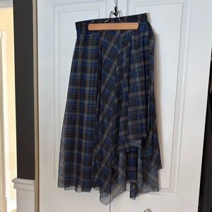 Elegant Asymmetrical Plaid Skirt in Blue and Green